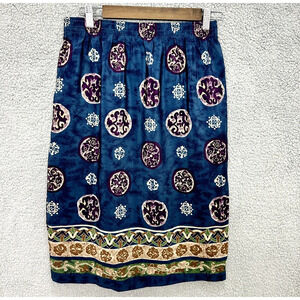 Vintage Pencil Skirt Womens‎ Medium Blue Geometric Pull On Pleated Pockets Boho